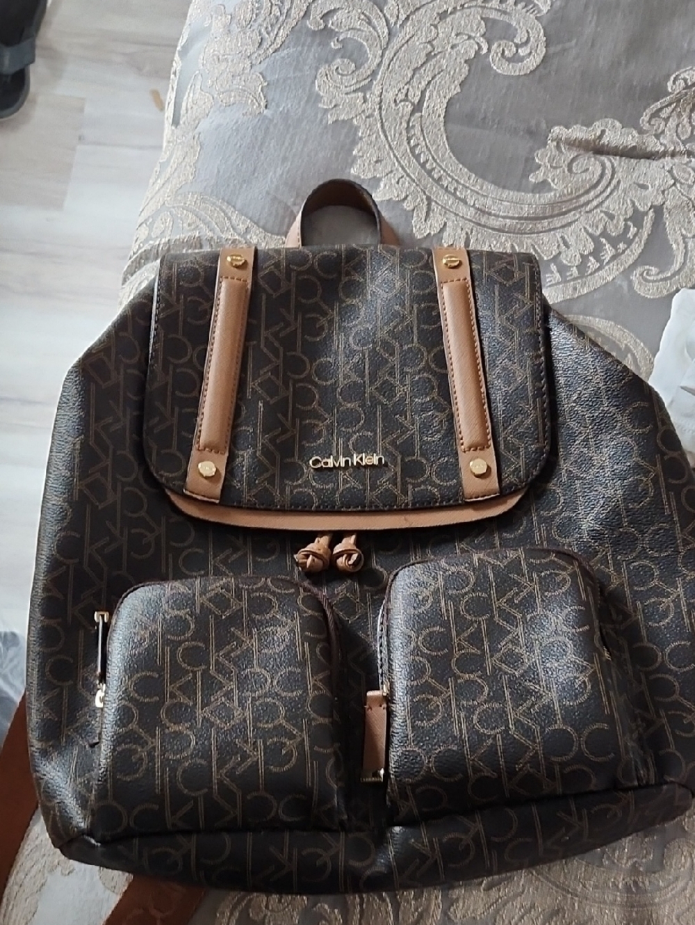Calvin Klein Dark Brown Monogram Backpack with Tan Trim